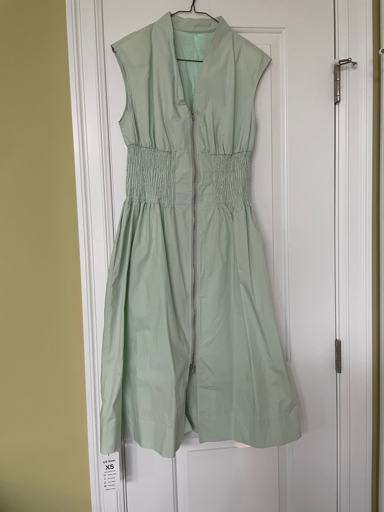 Sleeveless Mint Green Zip-Front Midi Dress With Shirred Waist